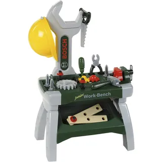 Theo Klein 8604 Bosch Werkbank Junior I Inkl. Helm, Schraubstock, Werkzeugen, Latten, Nägel, Schrauben und Muttern I Maße: 49 cm x 29 cm x 71 cm I Spielzeug für Kinder ab 2 Jahren