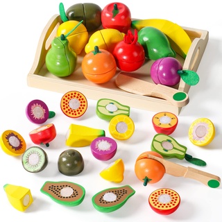 yoptote Kinderküche Spielküche Zubehör Holz Obst Gemüse Lebensmittel Holzspielzeug mit Klett Kaufladen Zubehör Küchenzubehör für Kinder Geschenk Spielzeug ab 2 Jahre Junge Mädchen