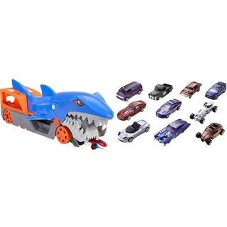 Hot Wheels GVG36 - Hungriger Hai-Transporter-Spielset & 54886-1:64 Die-Cast Auto Geschenkset, je 10 Spielzeugautos, zufällige Auswahl, Spielzeug Autos ab 3 Jahren, 10er Pack, Mehrfarbig