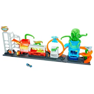 Hot Wheels Let's Race Netflix HBY96 - City Color Reveal Ultimative Auto-Waschanlage Spielset mit Wassertanks und 1 Farbwechsel-Fahrzeug, Spielzeug Autorennbahn für Kinder ab 4 Jahren