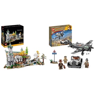 LEGO 10316 Icons Der Herr der Ringe & 77012 Indiana Jones Flucht vor dem Jagdflugzeug Action-Set mit baubarem Flugzeug-Modell und Oldtimer-Spielzeug-Auto, Plus 3 Minifiguren, Der letzte Kreuzzug Film