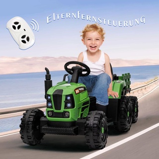 Fortuna Lai Elektrischer Traktor Workers mit Anhänger, Grün, Hinterradantrieb, 12-V-Batterie, Rädern, breitem Sitz, mit Fernbedienung, MP3-Playe...