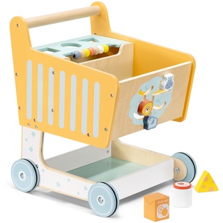 Navaris Spielzeug Einkaufswagen aus Holz - Kinder Lauflernwagen - für Mädchen und Jungen - ab 12 Monate - Kaufmannsladen Zubehör - Activity Center - bunt