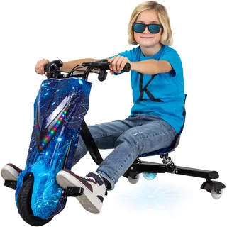 Elektro-Drift-Trike für Kinder, Drift-Scooter, bis zu 15km/h, drosselbar, Hupe, LED-Driftrollen 360° (Space Blue)