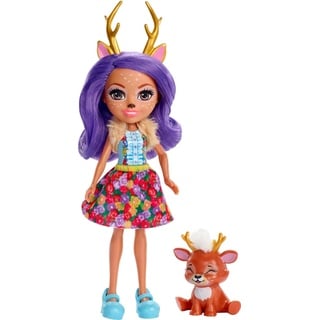 Enchantimals FXM75 - Danessa Deer Puppe & Sprint Figur, Puppe (15cm), Lange Violette Zöpfe, Tierohren, Geweih, Schwanz, abnehmbarem Rock, Fellstola, Schuhe, Spielzeug Geschenk für Kinder ab 3 Jahren