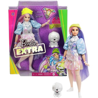 Barbie GVR05 - Extra Puppe, schimmernder Look mit Hündchen, pinken und lila Fantasiehaaren, mehrschichtigem Outfit,bewegliche Gelenke, Geschenk für Kinder ab 3 Jahren