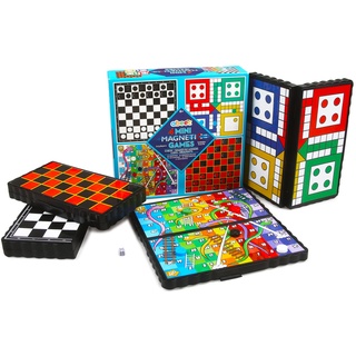 abeec 4 Mini Magnetspiele - 4 Pack Reisespiele inklusive Schach, Schlangen & Leitern, Ludo & Zugluft - Mini Brettspiele für Kinder 6+