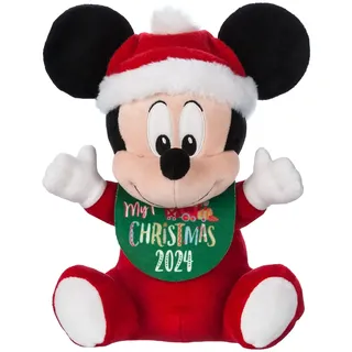 Disney Store Offizielles Micky Maus 'My First Christmas' Kuscheltier, 32cm, Festliches Baby-Micky in rotem Strampler mit Lätzchen und Weihnachtsmütze