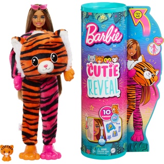 Barbie Cutie Reveal, bewegliche Tiger-Accessoires, 10 Überraschungen, Tierspielzeug, Farbwechseleffekt, inkl Cutie Reveal Puppe, Geschenk für Kinder, Spielzeug ab 3 Jahre,HKP99