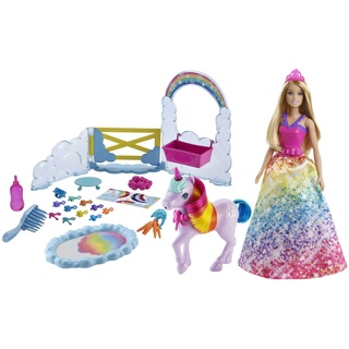 Barbie GTG01 - Dreamtopia Königlich mit Einhorn Spielset Puppe, Haustier-Einhorn und Farbwechsel-Töpfchen, ab 3 Jahren