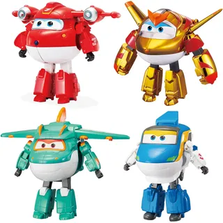 Super Wings 5" Transforming Character 4 Pack | Supercharged Jett, Golden Boy, Tony und Tino, Spielzeug für 3+ Jahre alte Jungen und Mädchen, Mehrfarbig