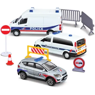 Bburago - 1:43 Street Fire - Playset Intervention Emergency - Street Fire Intervention Playsets bestehend aus 9 Teilen: 3 Metallfahrzeuge Feuerwehrmann oder Polizei im Maßstab 1:43