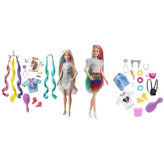 Barbie GHN04 - Fantasie-Haare Puppe, blond, mit Zwei verzierten Haarreifen, Zwei Oberteilen & Leoparden Regenbogen-Haar Puppe (blond) mit Farbwechseleffekt, 16 Zubehörteilen, Spielzeug ab 3 Jahren