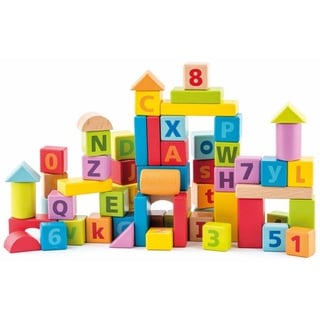 Woodyland Lernspielzeug 60 bunte, pastellfarbene Holzbausteine mit ABC, Zahlen und Steckspiel, Integriertes Steckspiel im Deckel der Aufbewahrungstrommel