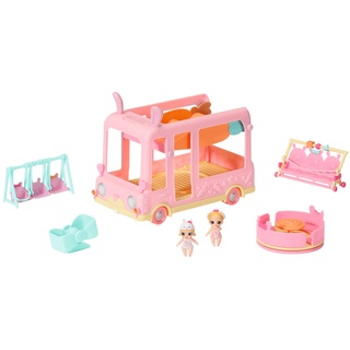 BABY born 904763 Surprise Babies Bus - rosa Spielzeugbus für kleine Mini Puppen mit 2 exklusiven Püppchen, Drillingsbuggy, Wippe, Karussell, Rutsche und Drillingsschaukel.