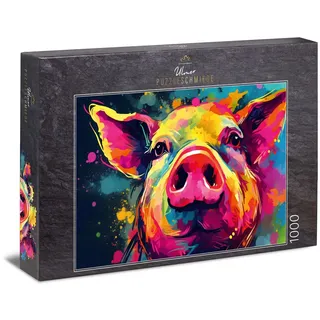 Ulmer Puzzleschmiede - 1000 Teile Puzzle Kunterbunte Sauerei - Knalliges Tier-Puzzle vom bunten Schwein - EIN lustiges Puzzle-Farben-Erlebnis mit Qualität Made in Germany