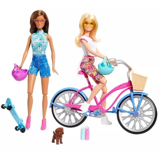 Barbie Strand Fahrrad Puppe Set Blau Skateboard + Zubehör, HJY84
