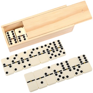 BELLE VOUS Komplettes D6-Domino Spiel Set mit Holzbox - 28-teiliges Premium-Domino Steine Set - Traditionelle Weiß-Schwarze Doppelsechs Domino Steine - Reisegröße Gesellschaftsspiele für Erwachsene