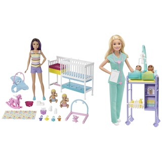 Barbie GKH23 - Kinderärztin-Spielset mit Blonder Puppe, 2 Baby-Puppen, ab 3 Jahren & GFL38 - “Skipper Babysitters Inc.” Kinderzimmer Spielset, 2 Babypuppen, Kinderbett, +10 Zubehörteile,ab 3 Jahren