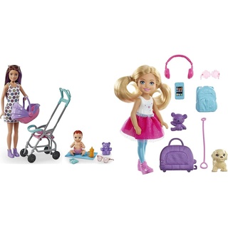 Barbie GXT34 - Babysitter-Spielset mit Skipper-Puppe (brünette Haare) und Baby & FWV20 - Travel Chelsea Puppe, blond mit Hündchen, Tragetasche und Accessoires, Spielzeug ab 3 Jahren