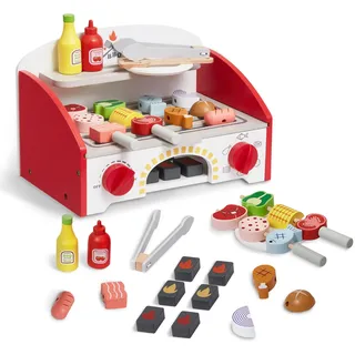 VEVOR Grill-Spielset für Kinder, Holzgrill-Spielset mit realistischem Kohlenfeuer, Küchenzubehör aus Holz zum Spielen von Lebensmitteln (26-teilig), Rollenspielspielzeug für Kinder ab 3 Jahren