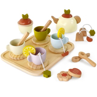Little Log Teeservice Kinder Holz Tee Set spielküche Holzspielzeug Teeparty-Set Kinderküche Zubehör Spielen Lebensmittel Set Rollenspiel Geschenk für Mädchen Jungen ab 3 Jahren