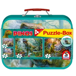 Schmidt Spiele - Kinderpuzzle - Dinos, Puzzle-Box im Metallkoffer, 2x100, 2x60 Teile