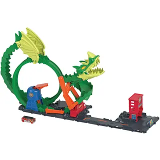 Hot Wheels City Drachenangriff Spielset, besiege den Drachen mit Stunts, lässt sich mit anderen Sets verbinden, enthält 1 Hot-Wheels-Spielzeugauto, Geschenk für Kinder von 3 bis 8 Jahren, HJV70