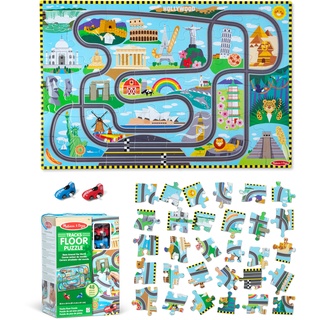 Melissa & Doug Bodenpuzzle aus Karton Schienen um die ganze Welt und aufziehbare Fahrzeuge – 48 Teile, für Jungen und Mädchen ab 3 Jahren