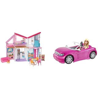 Barbie Malibu Haus & Puppe und Cabrio in rosa mit Glitzer, realistische Reifen und Barbie Logo, Spielzeug ab 3 Jahren, DJR55