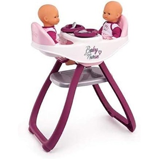 Smoby - Baby Nurse Zwillingspuppen-Hochstuhl – Puppenstuhl für Zwillinge mit Teller und Löffel, Puppen-Zubehör für Puppen bis 42 cm, für Kinder ab 18 Monaten, rosa, lila