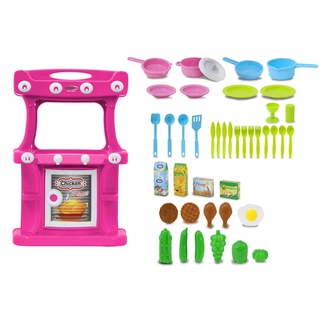 JAMARA 460426 - Küche Little Cook - kompakte Spielküche mit viel nützlichem Zubehör, Ablageflächen für Kochutensilien und Zutaten, Ofentür lässt Sich öffnen, 2 Kochfelder, 8 Halterungen, rosa