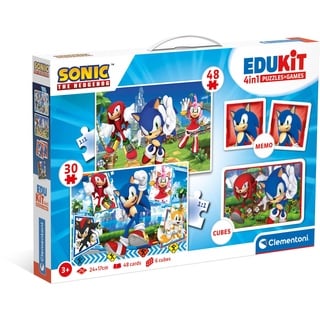 Clementoni Edukit 4 in 1 Sonic Spielset (Memo, Puzzle 30 und 48 Stücke, 6 Würfel) - pädagogische Spiele für Kinder - Memory und Logik-Spiel 18318