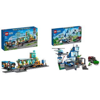 LEGO 60335 City Bahnhof, Spielzeug mit Schienen-LKW, Straßenplatte, Schienensegmenten und Minifiguren & 60316 City Polizeistation mit Polizeiauto, Müllauto und Hubschrauber, Polizei-Spielzeug