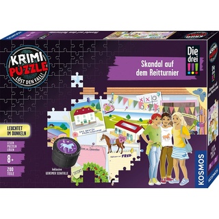 KOSMOS 680725 Krimi Puzzle Die DREI !!! Skandal auf dem Reitturnier, 200 Teile, Leuchtet im Dunkeln, Lesen, Puzzeln, Rätsel lösen, Pferde Puzzle für Kinder ab 8 Jahre
