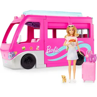 Barbie Bundle, Barbie Super-Abenteuer-Camper Fahrzeug-Spielset (HCD46) + Barbie-Reise-Puppe und Zubehör (HJY18), 2 Spielzeuge für Kinder + 3 Jahre