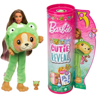 BARBIE Cutie Reveal Puppe - 10 Überraschungen in einer Verpackung, inklusive niedlichem Hund in grünem Frosch-Plüschkostüm, langem braunem Haar mit pinken Strähnen, für Kinder ab 3 Jahren, HRK24