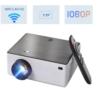 ZELURXX Beamer, 1080P, 2.4G/5G Doppelfrequenz, ±15° Korrektur, anschließbar an Smartphone/Tablet/Laptops/USB-Stick/DVD, 21,5 x 18 x 8,8 cm, weiß - Weiß