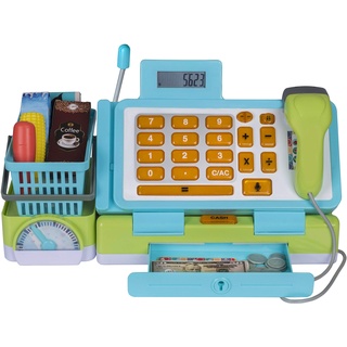 Playkidiz Interaktives Spielzeugkasse für Kinder- Kasse Spielzeug- beinhaltet Spielgeld Handheld Real Scanner Arbeitswaage und Taschenrechner, Live-Mikrofon Food Boxes Kunststofffrucht & Korb