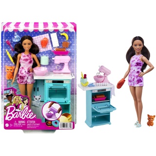 Barbie-Küchenspielzeug, gewellten braunen Haaren, Accessoires, Backspielzeug, Kätzchen, inkl. 1 Puppe, Geschenk für Kinder, Spielzeug ab 3 Jahre,HCD44
