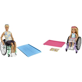 Barbie GWX93 - Ken Puppe mit Rollstuhl und Rampe, bekleidet mit einem Batik-Shirt, schwarzen Shorts & Chelsea Puppe (blond) im Rollstuhl, mit Rock und Sonnenbrille, inklusive Rampe und Sticker-Bogen