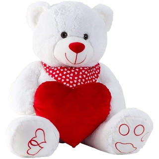 Geschenkestadl XXL Riesen Teddybär mit Herz und Halstuch Kuscheltier Bär Weiß 100 cm Plüschbär