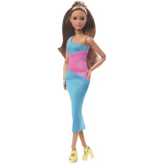 Barbie Looks Puppe - Brünett, Knielanges One-Shoulder-Kleid im Colorblock-Stil, Bewegliche Körperform, Stylen und Posen, Mode-Sammelfiguren, für Kinder ab 3 Jahren, HJW82