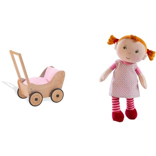 Pinolino Puppenwagen Sarah, aus Holz, mit Bremssystem,für Kinder von 1 – 6 Jahren, Natur & Haba 303730 - Kuschelpuppe Roya, Weiche Stoffpuppe, für Babys ab 1,5 Jahren, aus flauschigem Fleece
