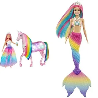 Barbie GWM78 - Dreamtopia Magisches Zauberlicht Einhorn mit Berührungsfunktion & Dreamtopia Rainbow Magic Mermaid, Meerjungfrau mit Regenbogenhaaren