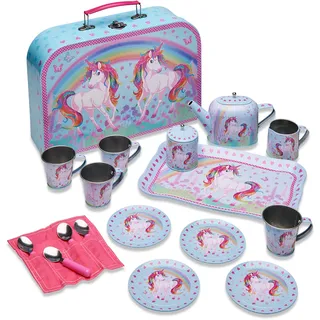 Wobbly Jelly „Einhorntraum” Spielgeschirr aus Metall und Tragekoffer (rosa Teeservice aus 14 Teilen für Kinder)