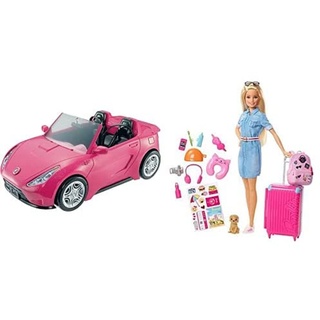 Barbie DVX59 - Cabrio Fahrzeug, in pink, mit Platz für 2 Puppen, Puppen Zubehör, ab 3 Jahren & FWV25 - Reise Puppe mit blonden Haaren inkl. Reisezubehör und Hündchen