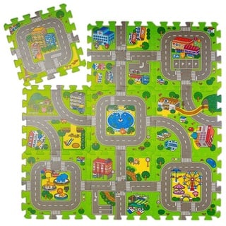 relaxdays Spielmatte Puzzlematte Straße mit Tieren grau|grün