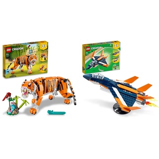 LEGO 31129 Creator Majestätischer Tiger, Panda oder Fisch, 3-in-1 Tierfiguren-Set, Spielzeug für Kinder, Konstruktionsspielzeug mit Tieren & 31126 Creator 3-in-1 Überschalljet, ab 7 Jahre