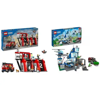 LEGO City Feuerwehrstation mit Drehleiterfahrzeug, Feuerwehr-Spielzeug & City Polizeistation mit Polizeiauto, Müllauto und Hubschrauber